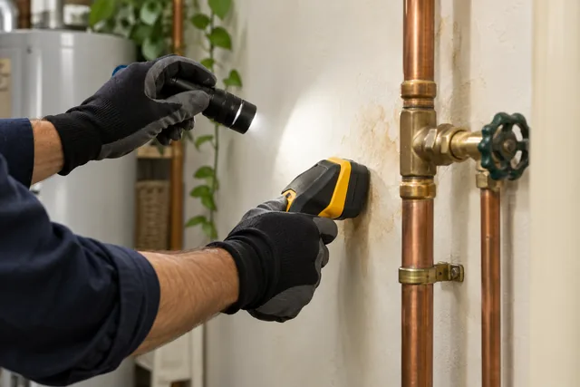 Plumbing leak-detection illustration: a plumber checking a stained wall beside copper pipes with a moisture meter.