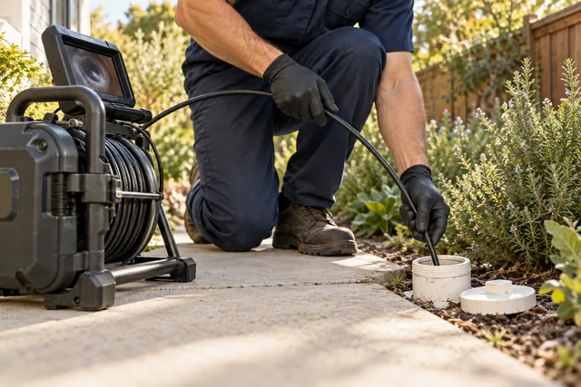 Sewer-camera inspection illustration: a technician guiding an inspection cable into an outdoor cleanout.